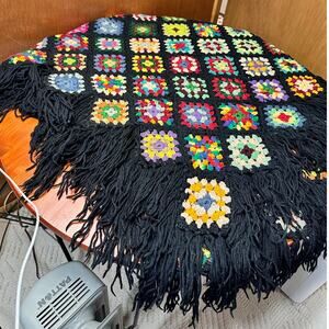 Heavy Hand Crochet Multi-colors on Black Granny Square Blanket  - 70" x 80"